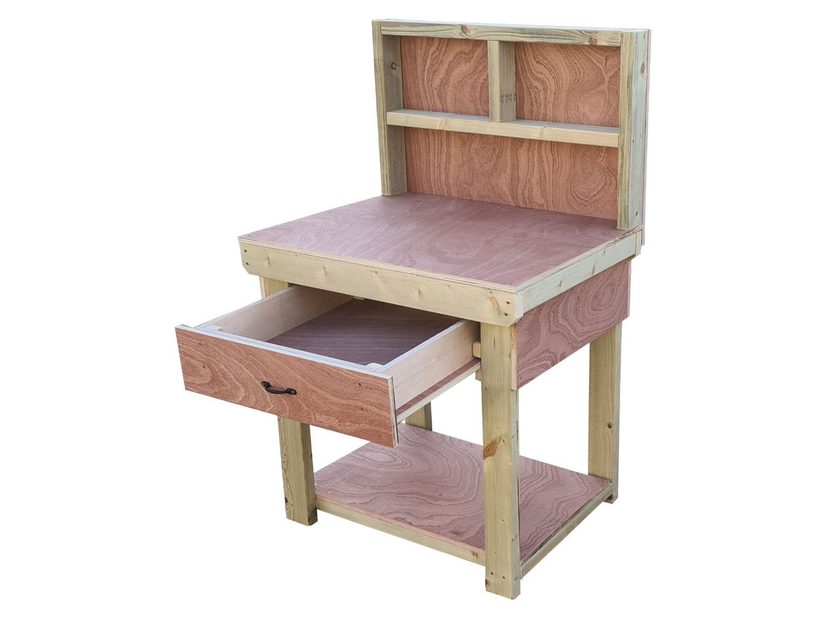 Wooden Eucalyptus hardwood workbench, tool cabinet with drawer (V.1) with back