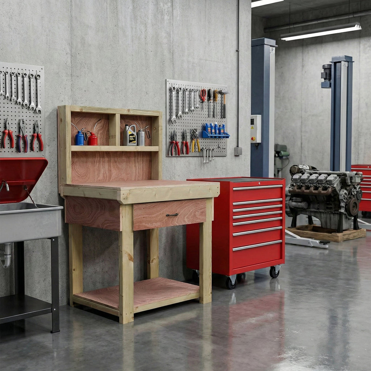 Wooden Eucalyptus hardwood workbench, tool cabinet with drawer (V.1) with back
