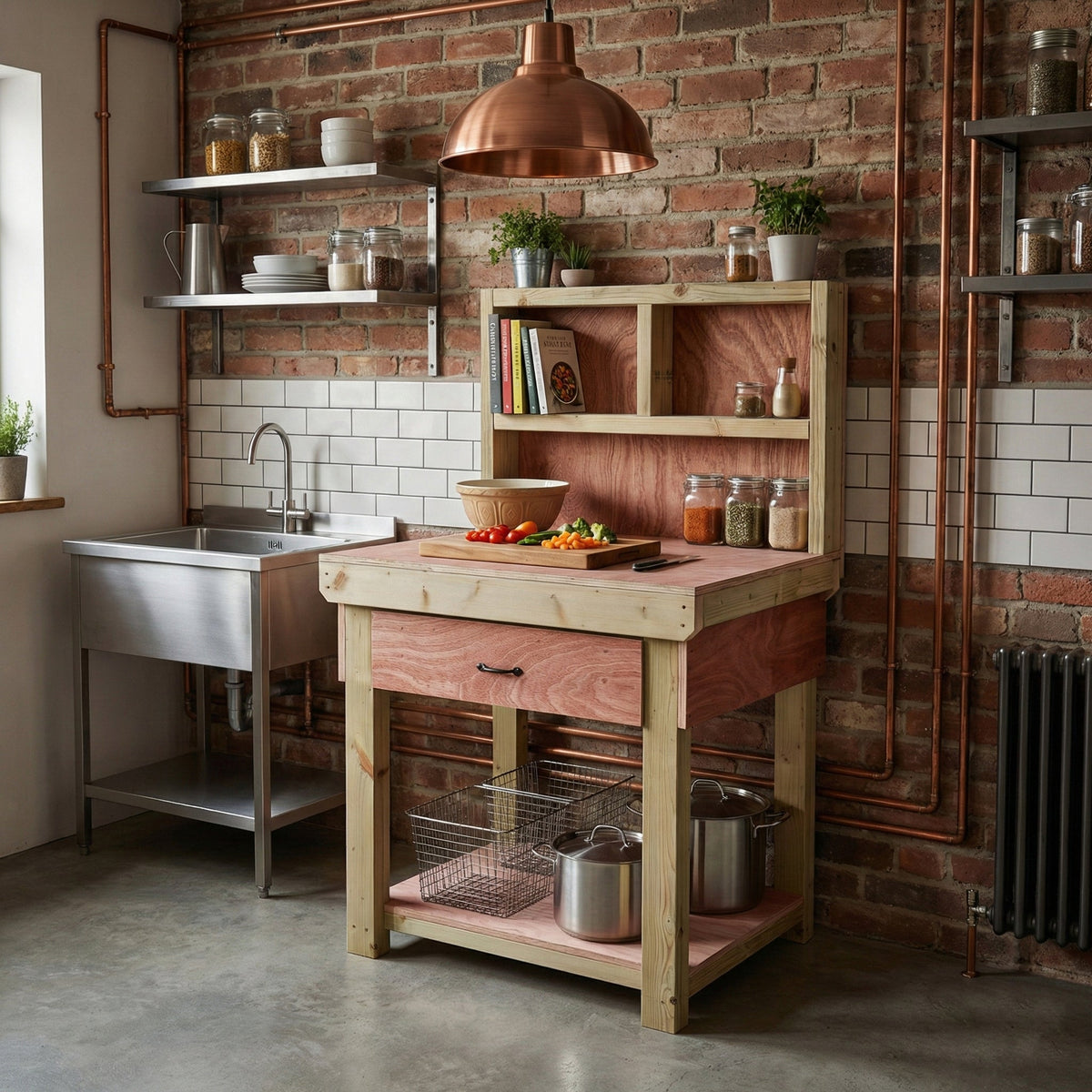 Wooden Eucalyptus hardwood workbench, tool cabinet with drawer (V.1) with back