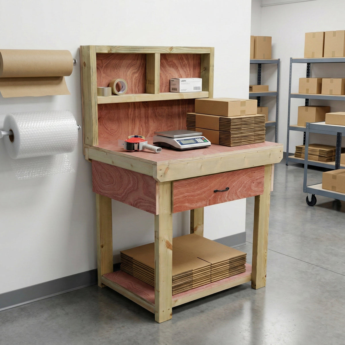 Wooden Eucalyptus hardwood workbench, tool cabinet with drawer (V.1) with back