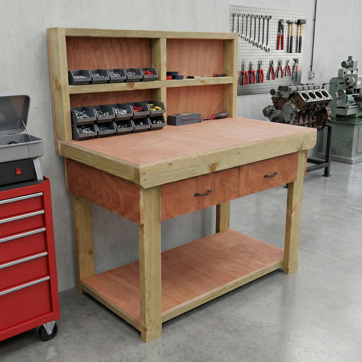 Wooden Eucalyptus hardwood workbench, tool cabinet with drawer (V.1) with back