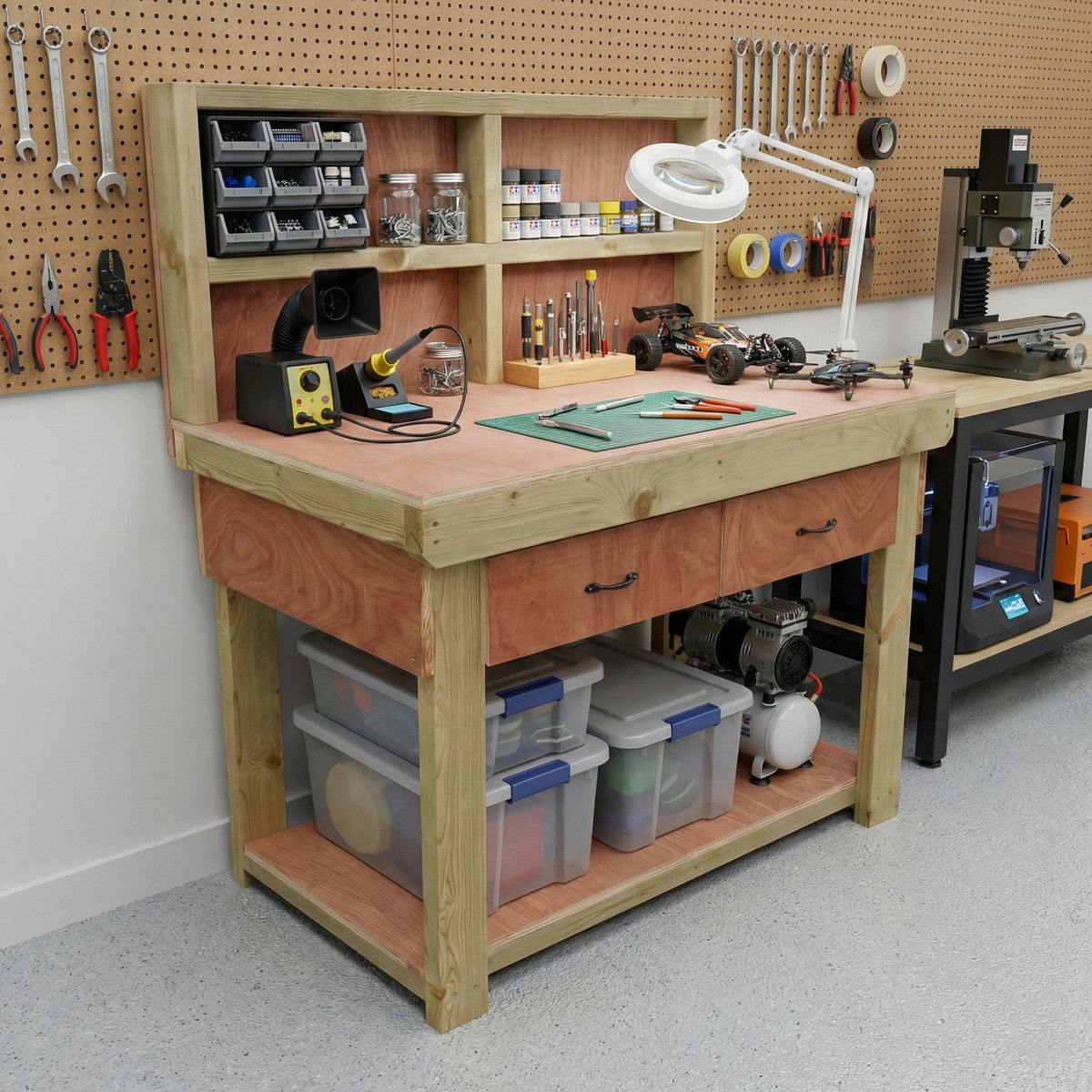 Wooden Eucalyptus hardwood workbench, tool cabinet with drawer (V.1) with back
