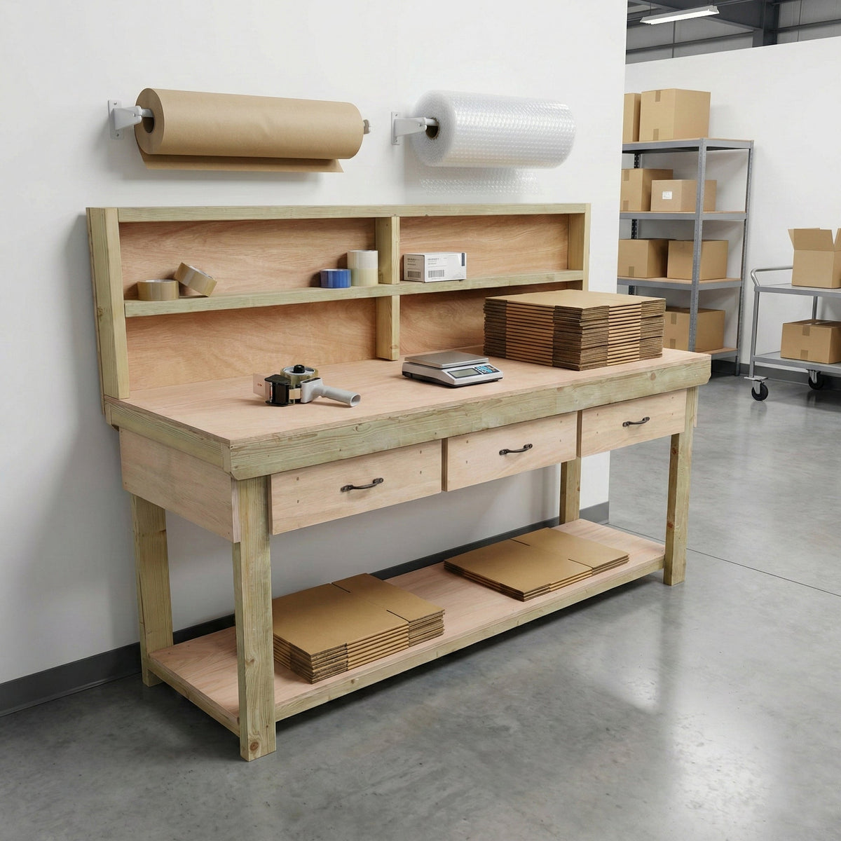 Wooden Eucalyptus hardwood workbench, tool cabinet with drawer (V.1) with back