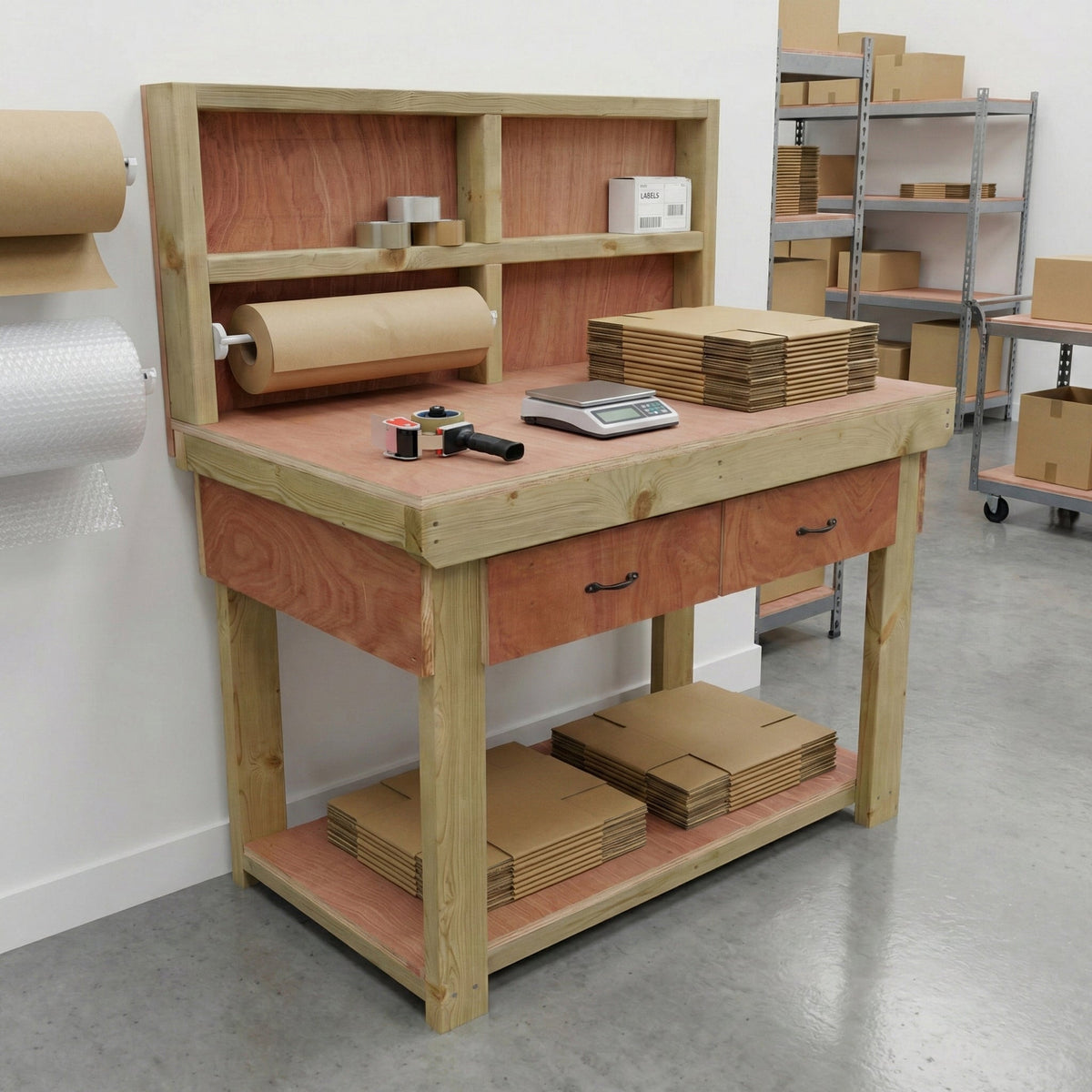 Wooden Eucalyptus hardwood workbench, tool cabinet with drawer (V.1) with back