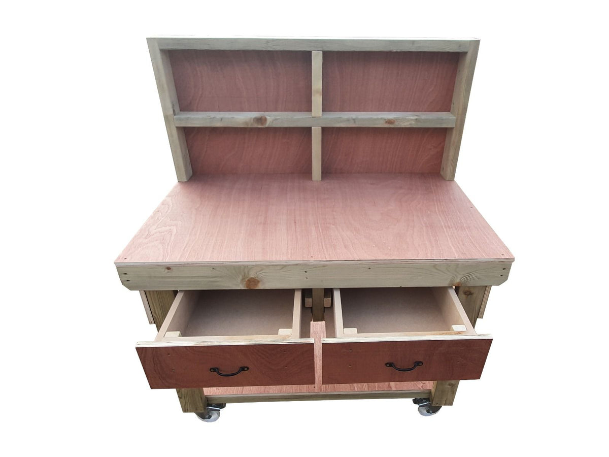 Wooden Eucalyptus hardwood workbench, tool cabinet with drawer (V.1) with back and wheels