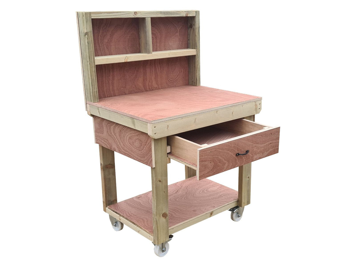 Wooden Eucalyptus hardwood workbench, tool cabinet with drawer (V.1) with back and wheels