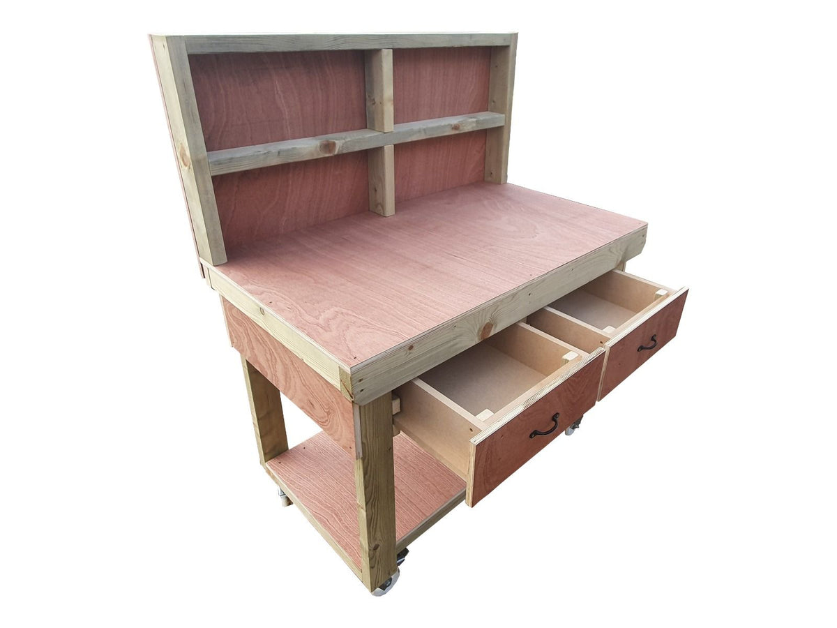 Wooden Eucalyptus hardwood workbench, tool cabinet with drawer (V.1) with back and wheels