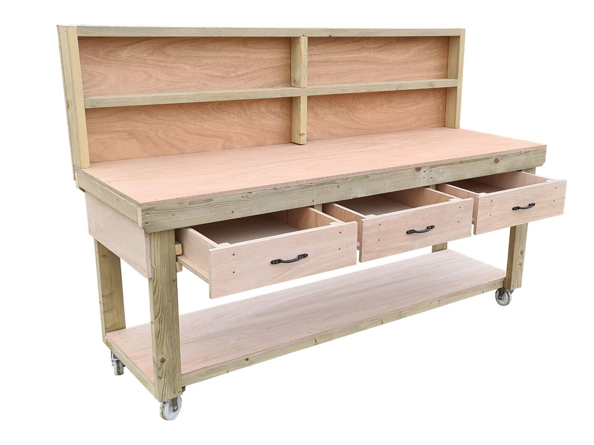 Wooden Eucalyptus hardwood workbench, tool cabinet with drawer (V.1) with back and wheels