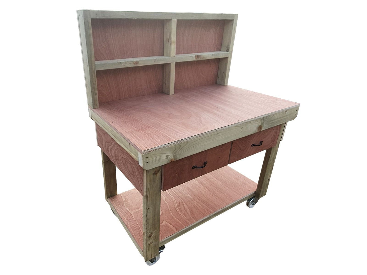 Wooden Eucalyptus hardwood workbench, tool cabinet with drawer (V.1) with back and wheels