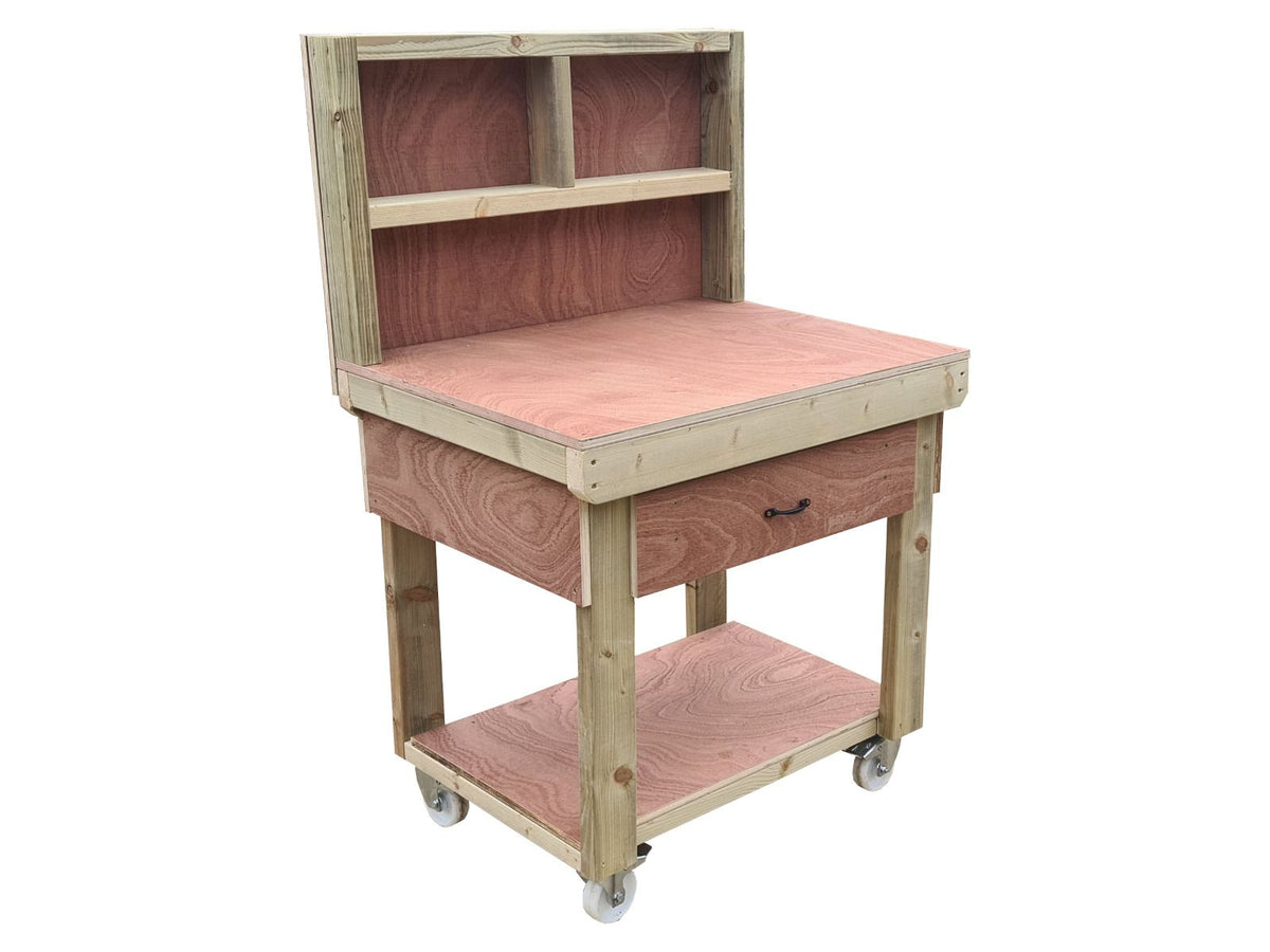 Wooden Eucalyptus hardwood workbench, tool cabinet with drawer (V.1) with back and wheels