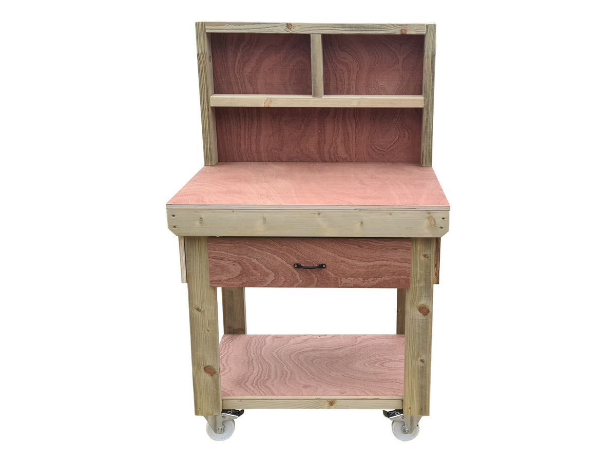 Wooden Eucalyptus hardwood workbench, tool cabinet with drawer (V.1) with back and wheels