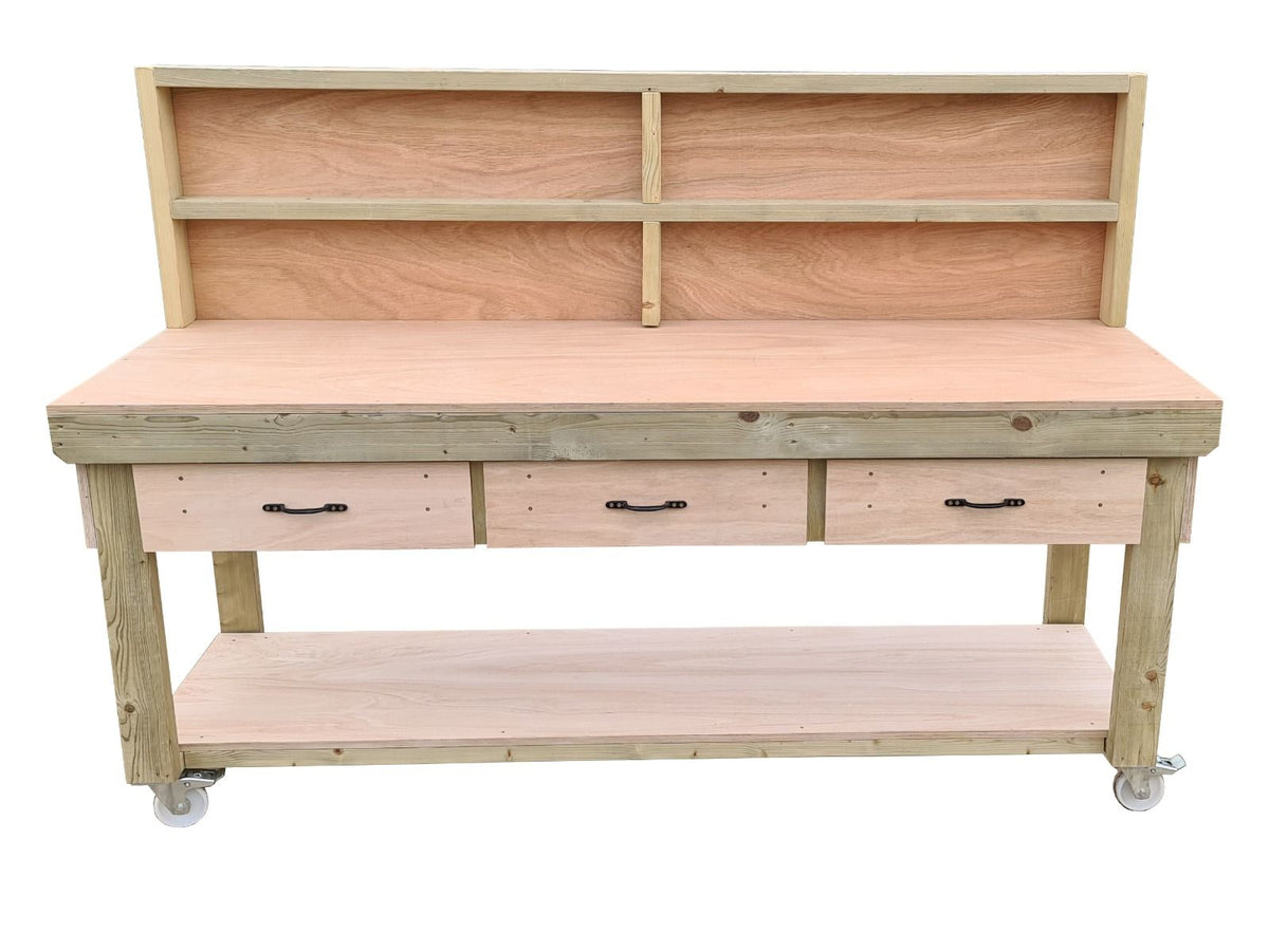 Wooden Eucalyptus hardwood workbench, tool cabinet with drawer (V.1) with back and wheels