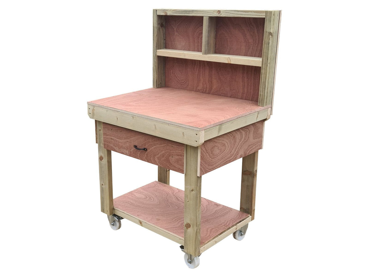 Wooden Eucalyptus hardwood workbench, tool cabinet with drawer (V.1) with back and wheels