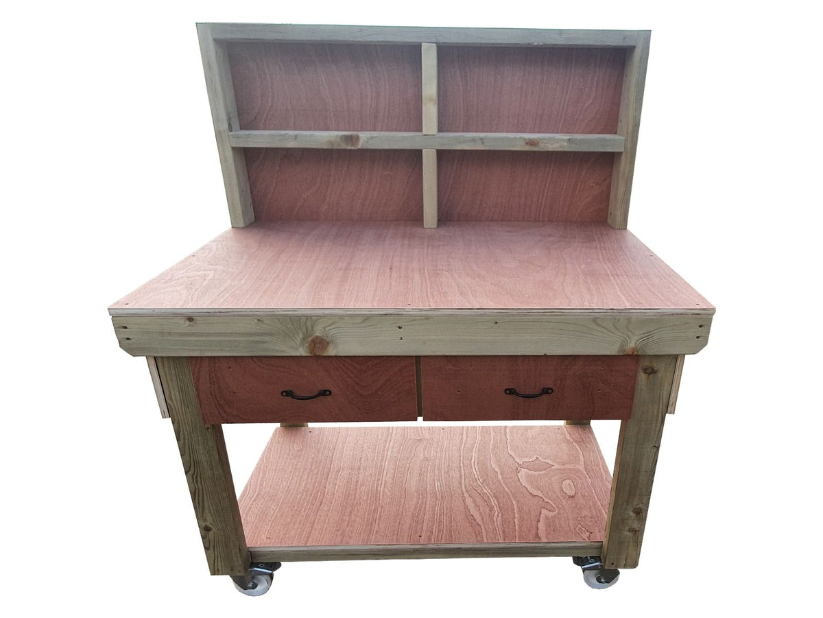 Wooden Eucalyptus hardwood workbench, tool cabinet with drawer (V.1) with back and wheels