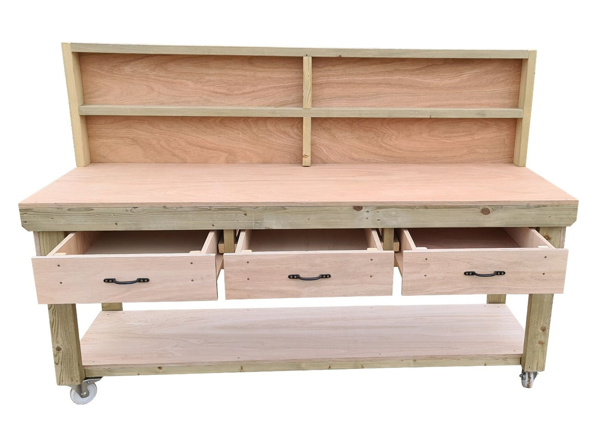 Wooden Eucalyptus hardwood workbench, tool cabinet with drawer (V.1) with back and wheels