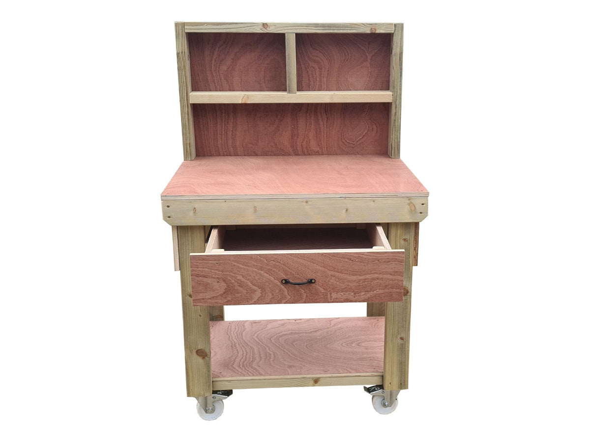 Wooden Eucalyptus hardwood workbench, tool cabinet with drawer (V.1) with back and wheels