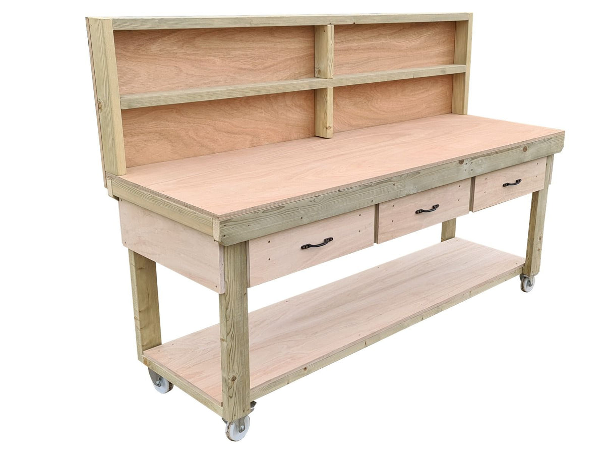 Wooden Eucalyptus hardwood workbench, tool cabinet with drawer (V.1) with back and wheels