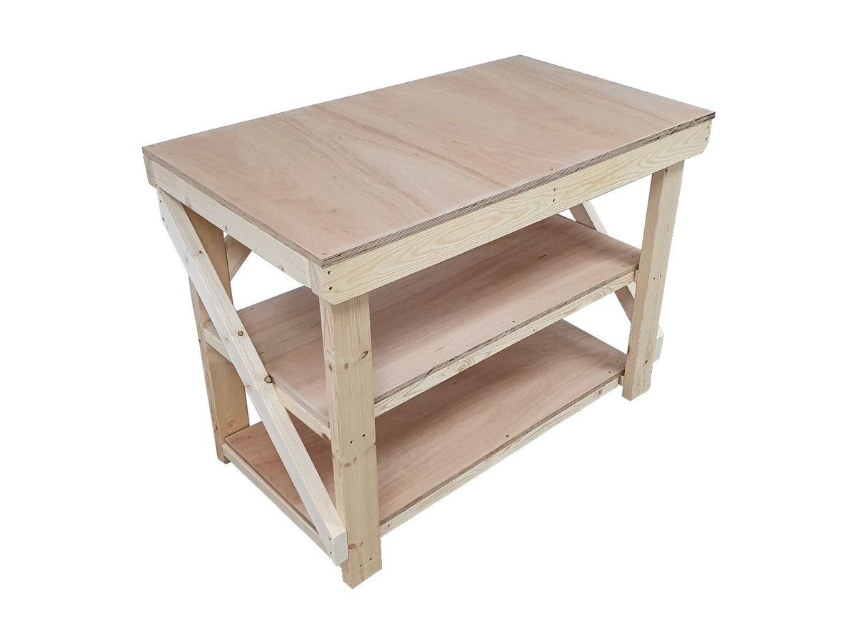 Wooden Workbench 18mm Eucalyptus Hardwood Top With Double Shelf