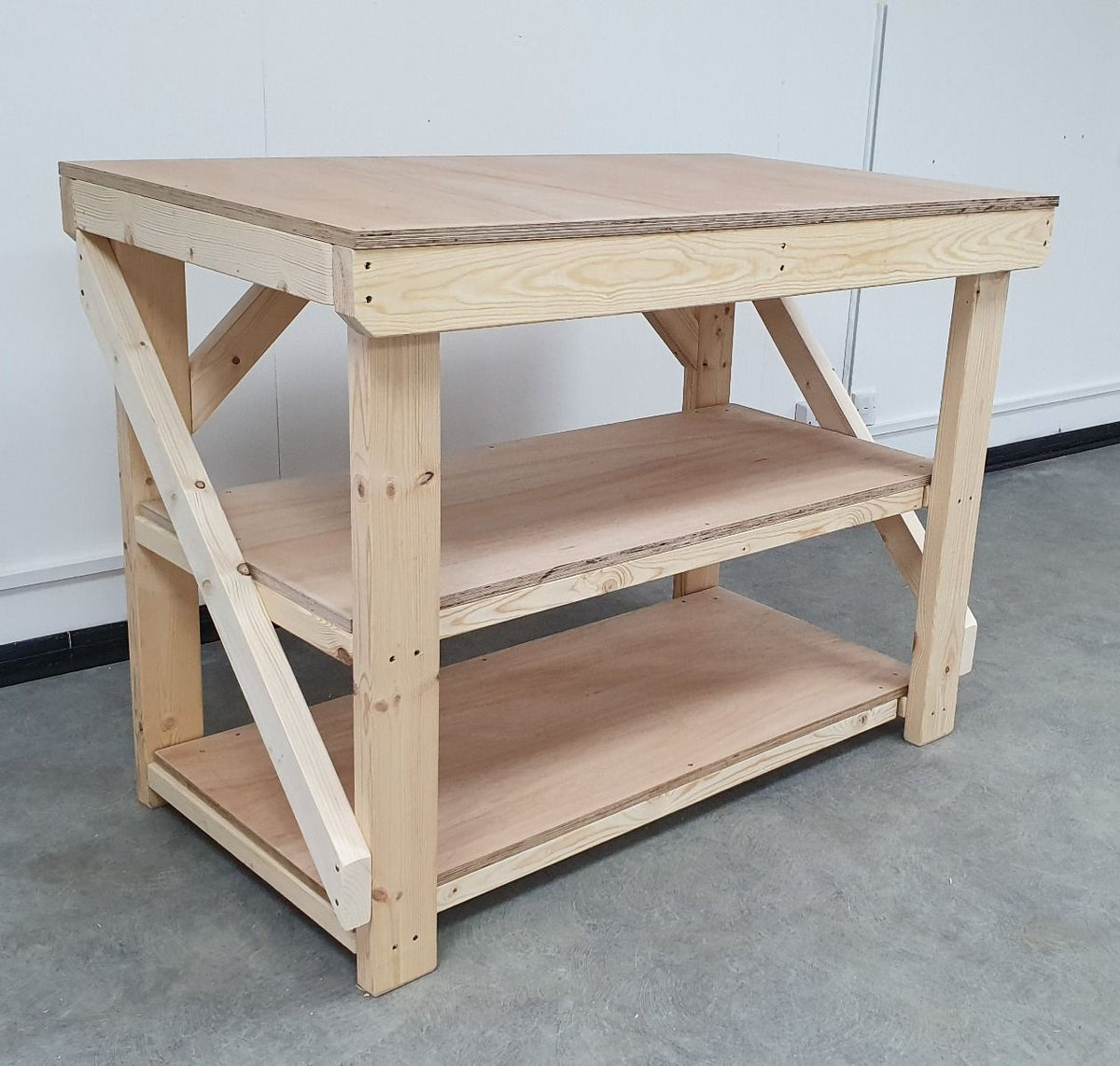 Wooden Workbench 18mm Eucalyptus Hardwood Top With Double Shelf