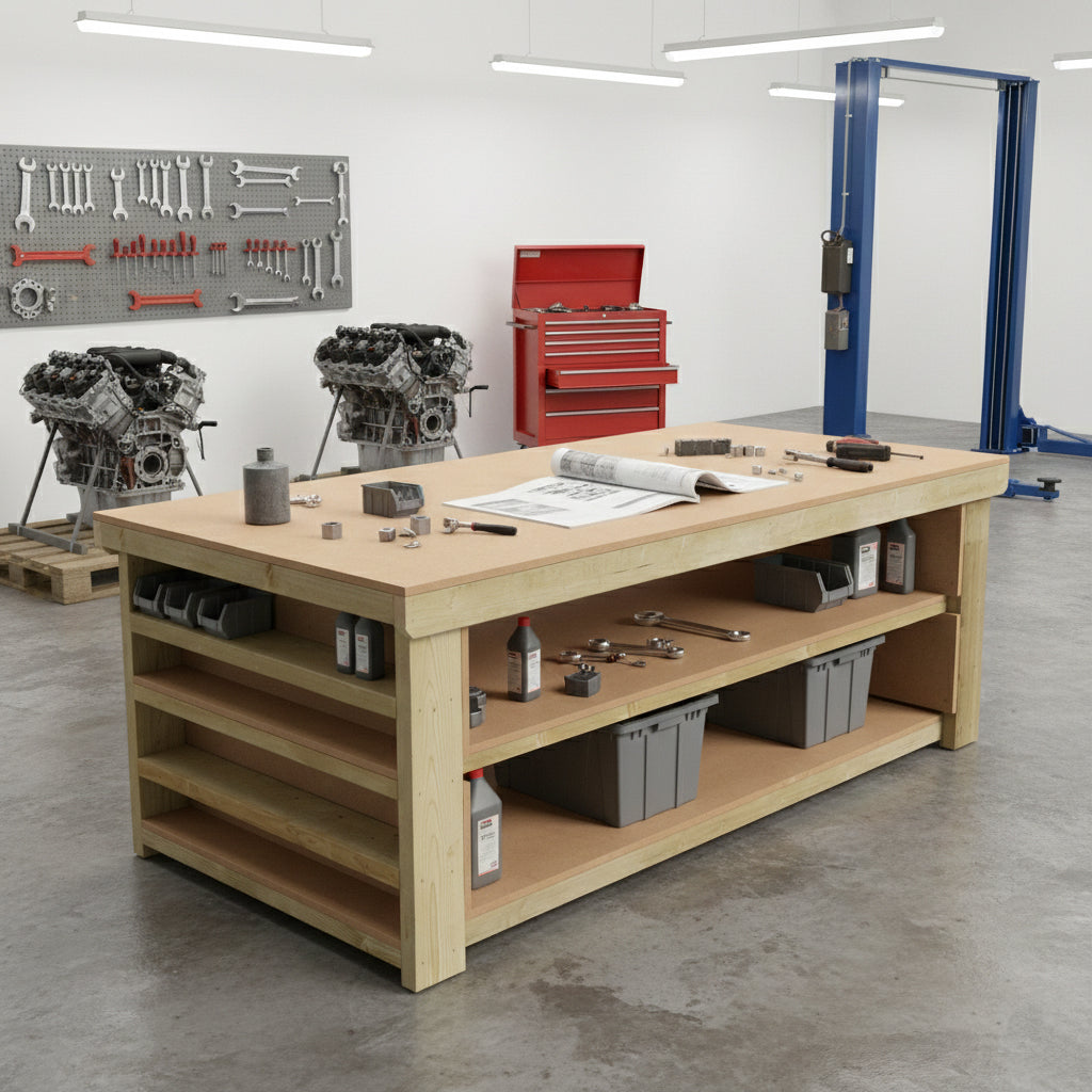Wooden Workbench MDF Top with Extra shelving Depth-4ft With Double Shelf