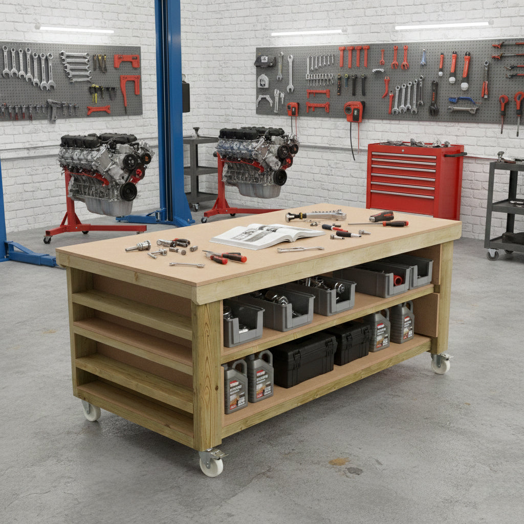 Wooden Workbench MDF Top with Extra shelving Depth-4ft With Double Shelf