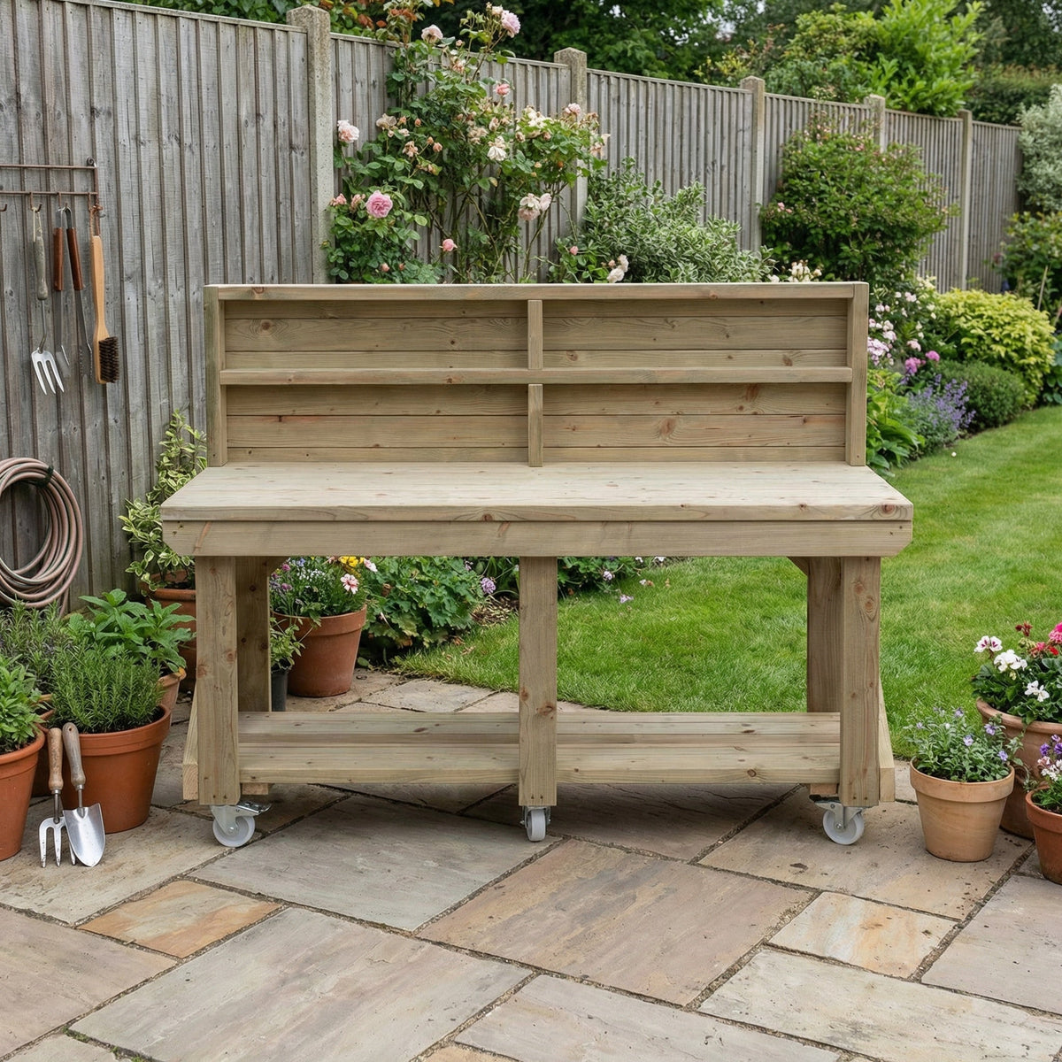Indoor/outdoor workbench, pressure treated bench with back panel and wheels