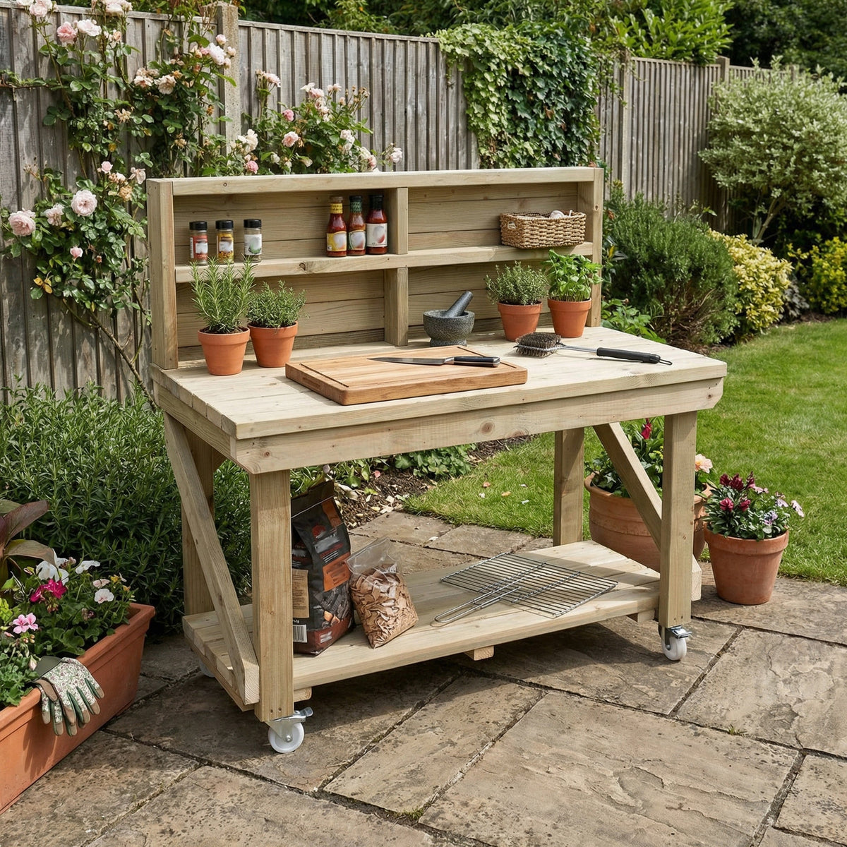 Indoor/outdoor workbench, pressure treated bench with back panel and wheels