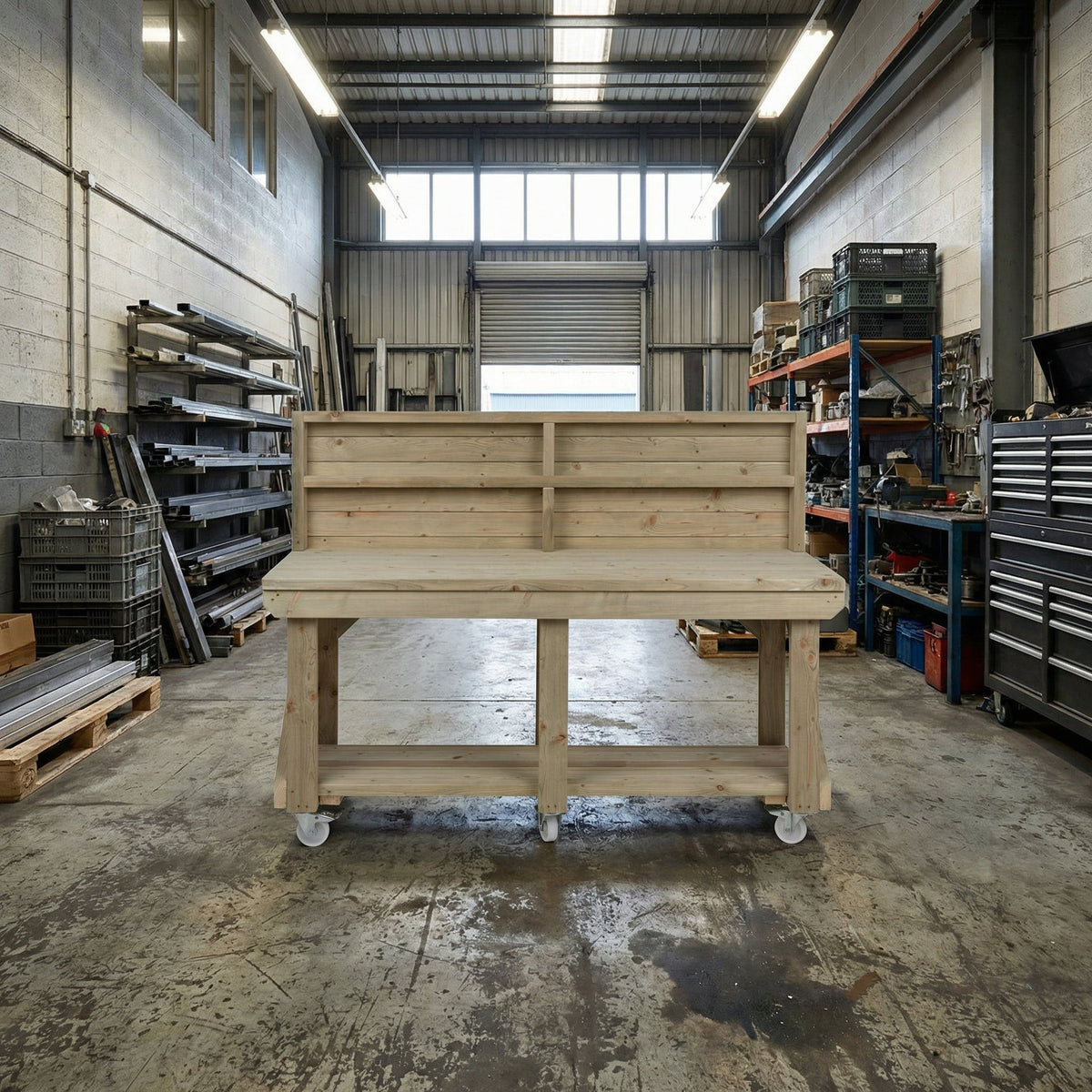 Indoor/outdoor workbench, pressure treated bench with back panel and wheels