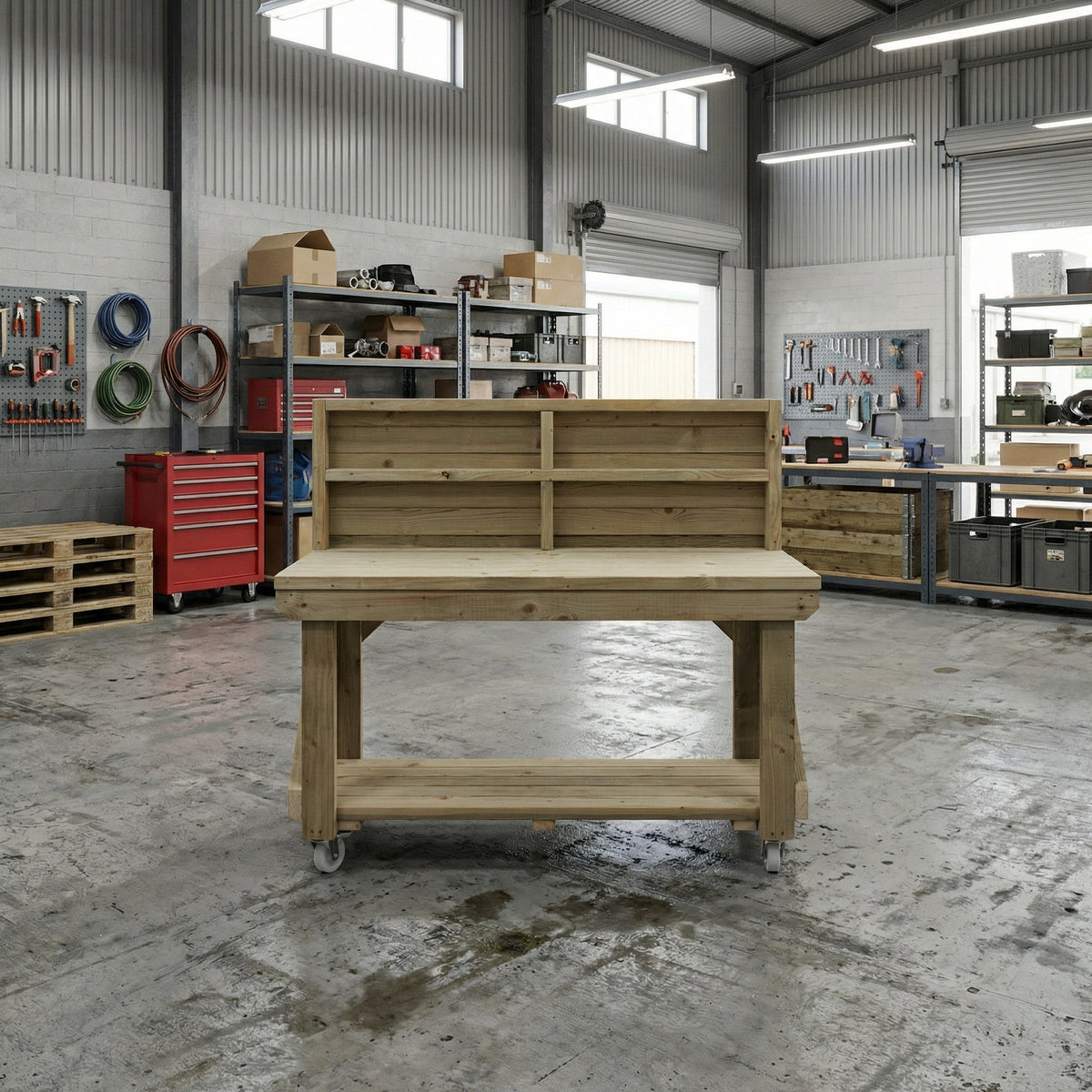 Indoor/outdoor workbench, pressure treated bench with back panel and wheels
