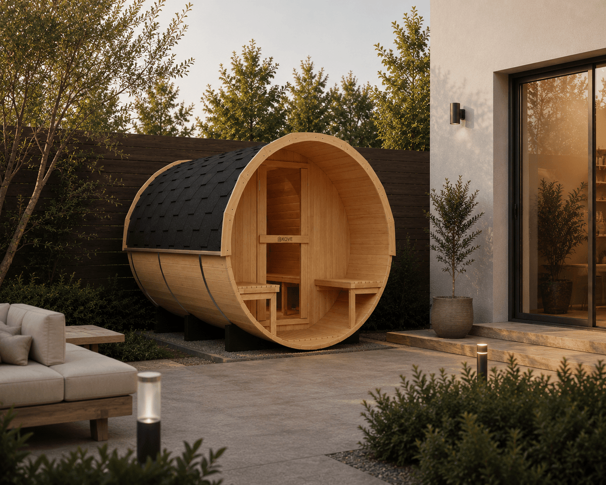 KOVE Outdoor Barrel Sauna – 5–6 Person Garden Sauna with 6kW Harvia Electric Heater