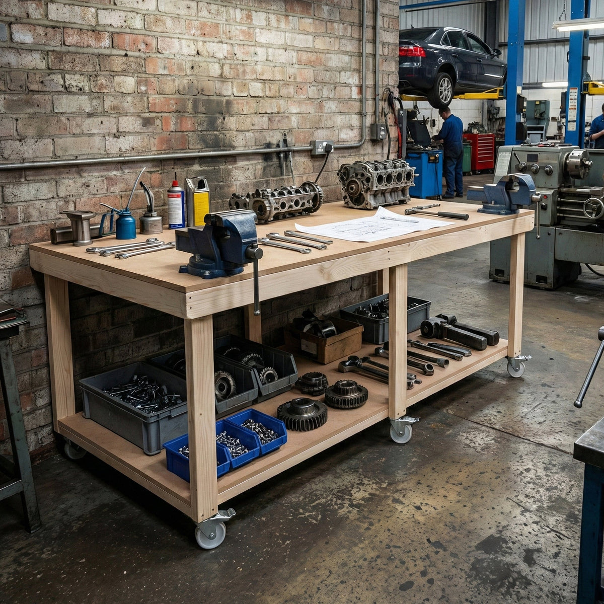 Wooden Workbench MDF Top Depth-4ft With Wheels