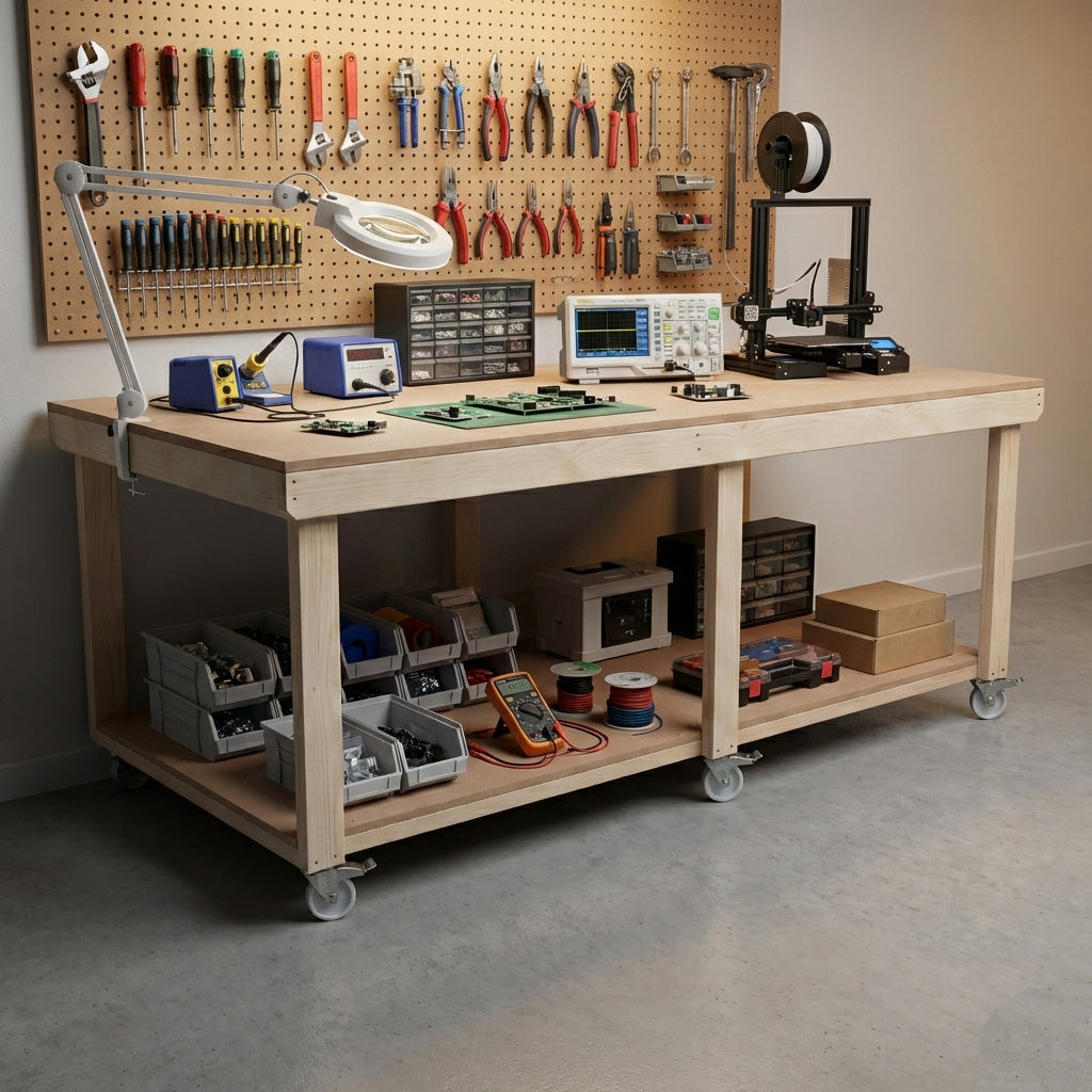 Wooden Workbench MDF Top Depth-4ft With Wheels