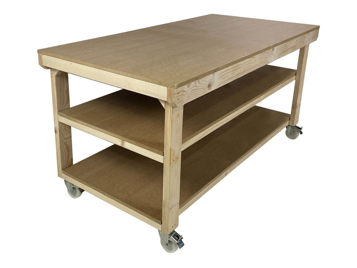 Wooden Workbench MDF Top Depth-3ft With Wheels and Double Shelf