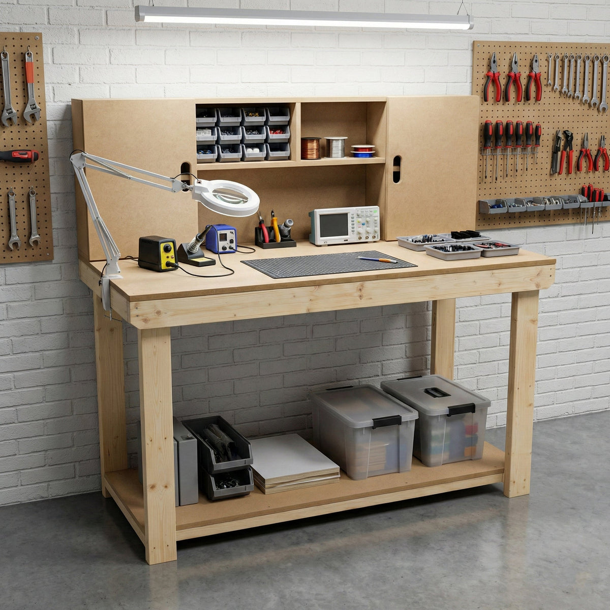 Wooden MDF top workbench with cupboard back panel and base shelf