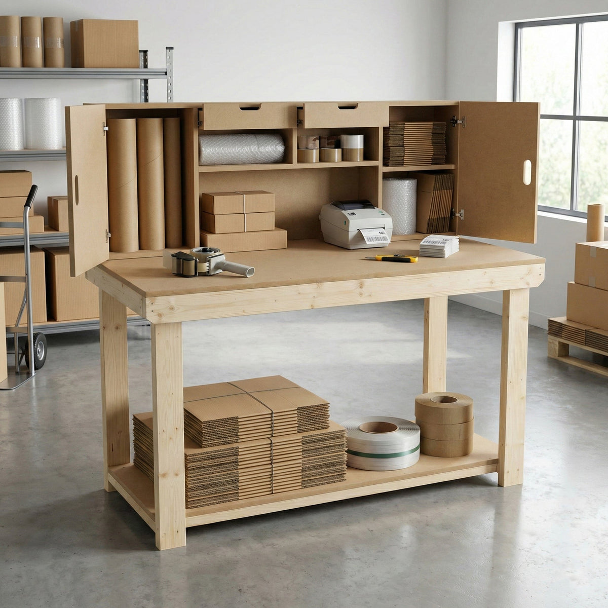 Wooden MDF top workbench with cupboard back panel and base shelf