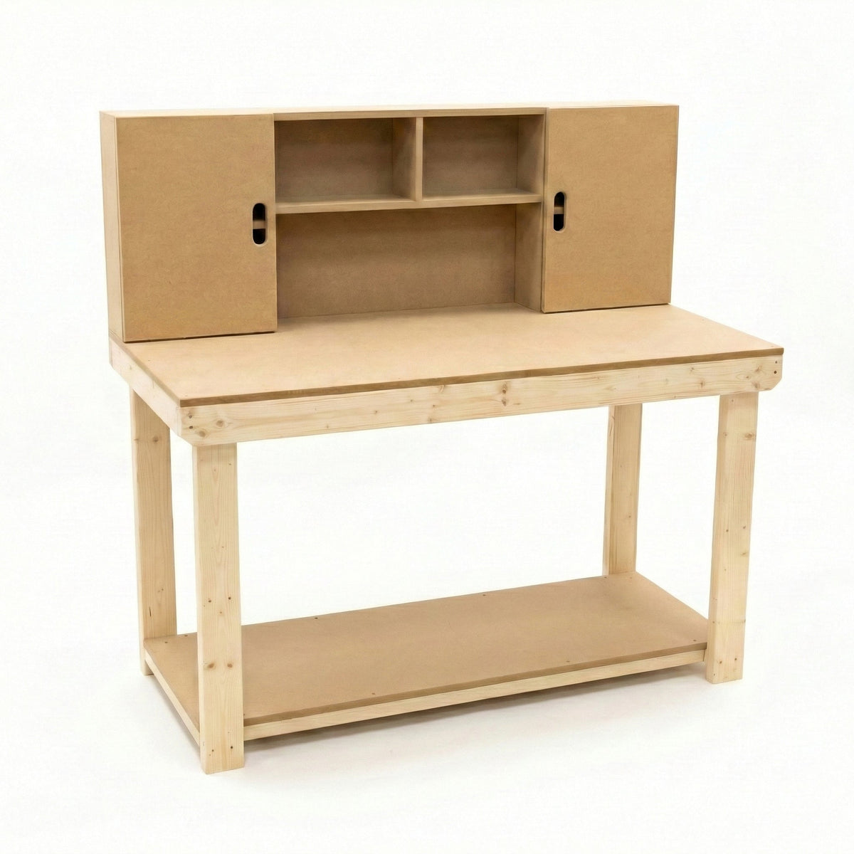 Wooden MDF top workbench with cupboard back panel and base shelf