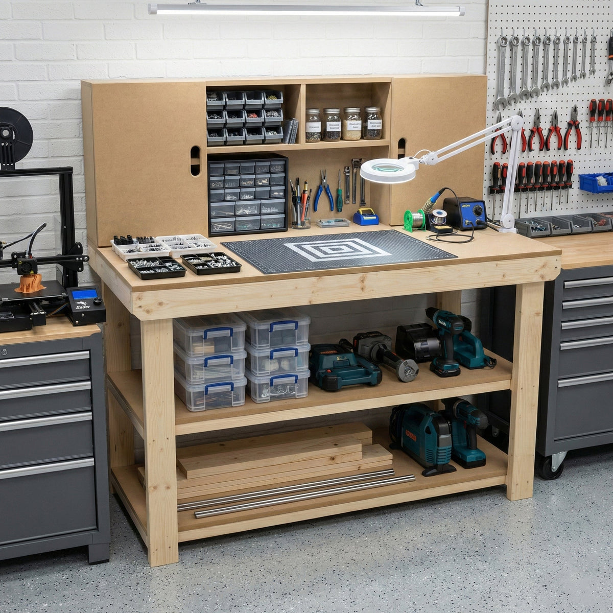 Wooden MDF top workbench with cupboard back panel and double shelf