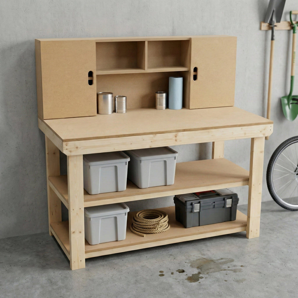 Wooden MDF top workbench with cupboard back panel and double shelf