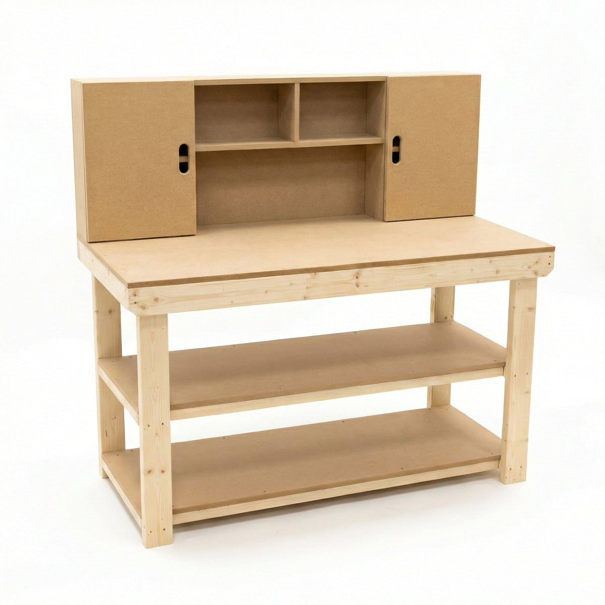 Wooden MDF top workbench with cupboard back panel and double shelf