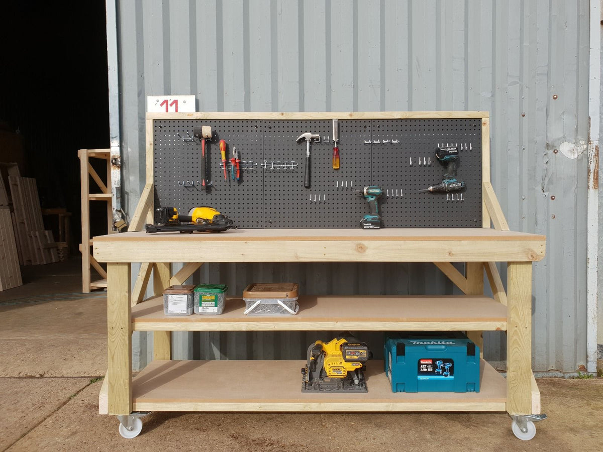 Wooden Workbench 18mm MDF Top With Peg Board and Double Shelf