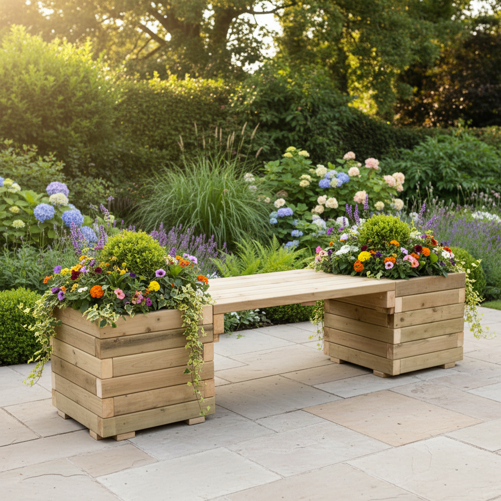 Garden Wooden Bench with Planters