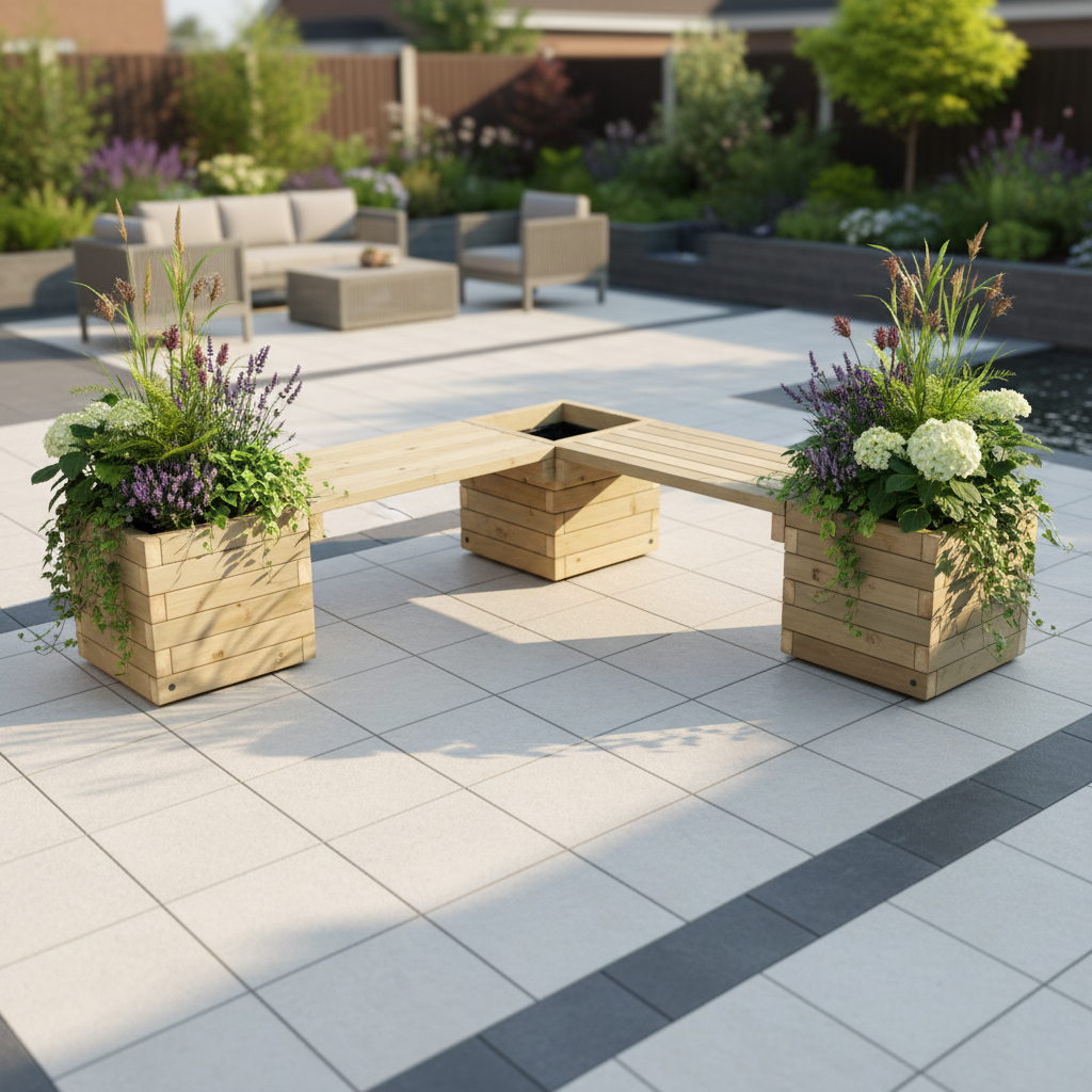 Garden Wooden Bench with Planters