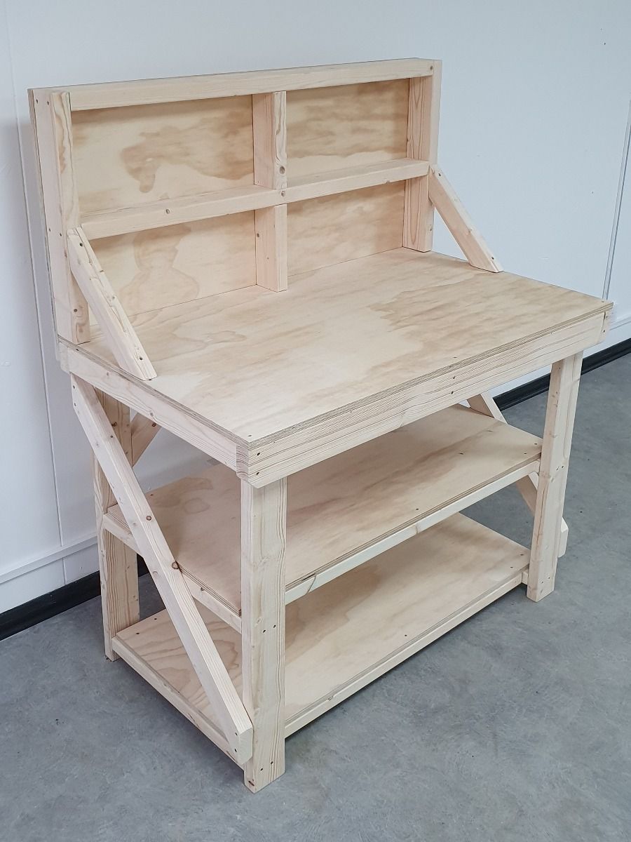 Wooden Workbench Superior Strength 18mm Plywood Top With Back Panel And Double Shelf
