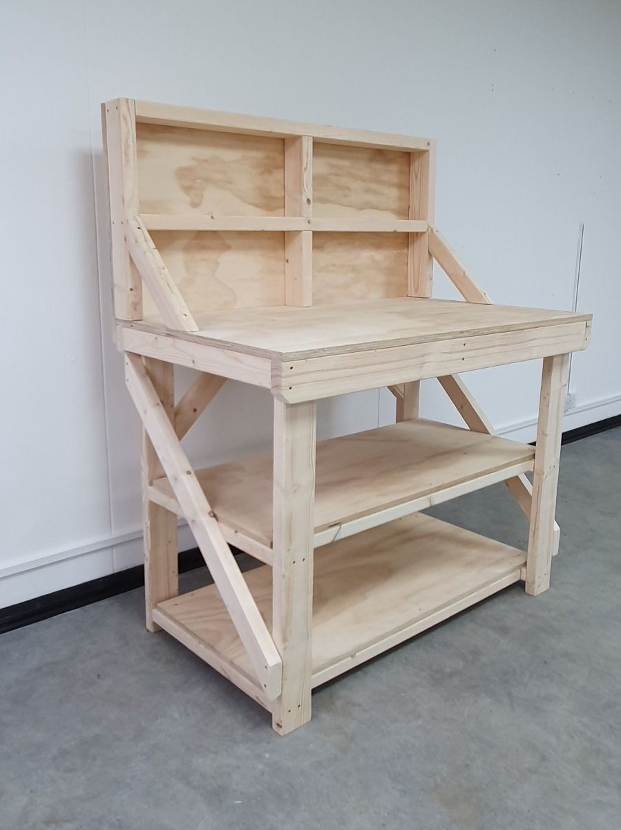 Wooden Workbench Superior Strength 18mm Plywood Top With Back Panel And Double Shelf