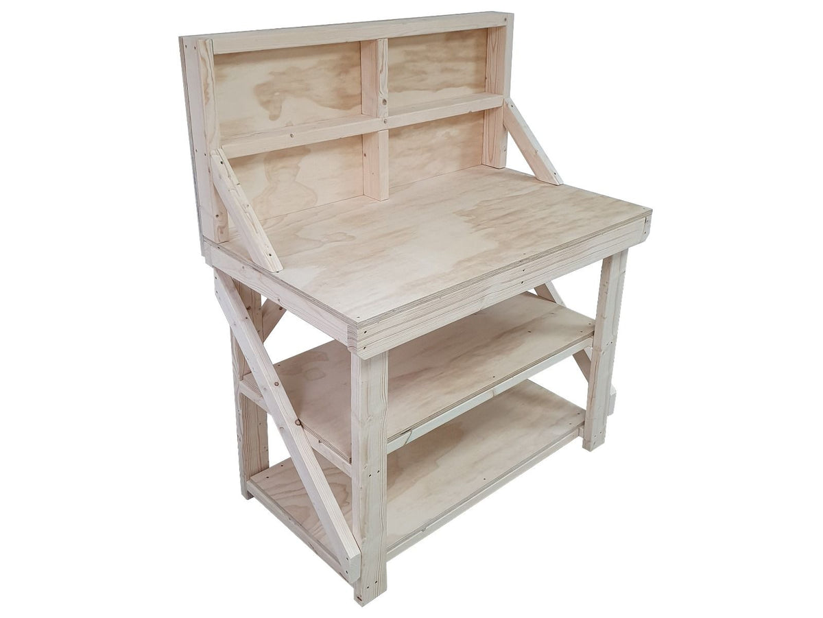 Wooden Workbench Superior Strength 18mm Plywood Top With Back Panel And Double Shelf