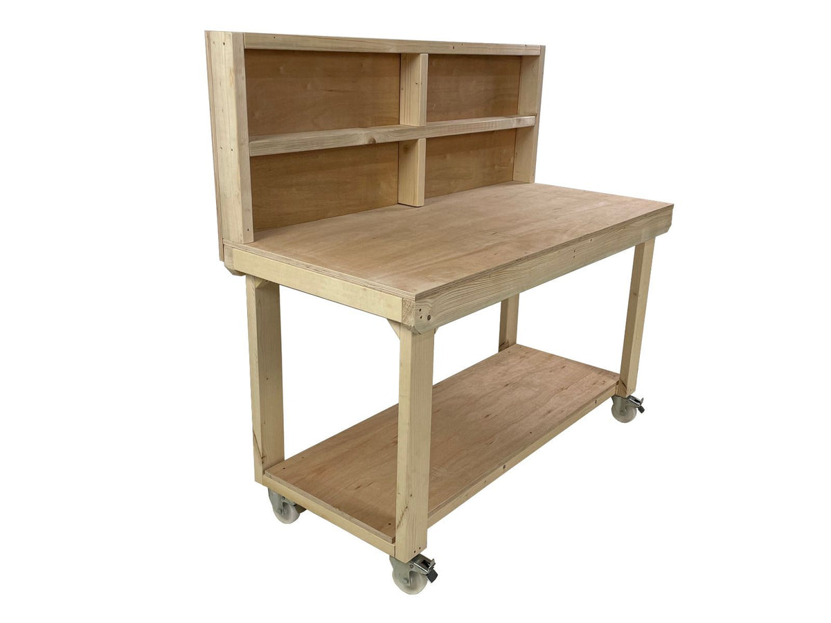 Wooden Workbench 18mm Eucalyptus Hardwood Top With Back Panel And Wheels