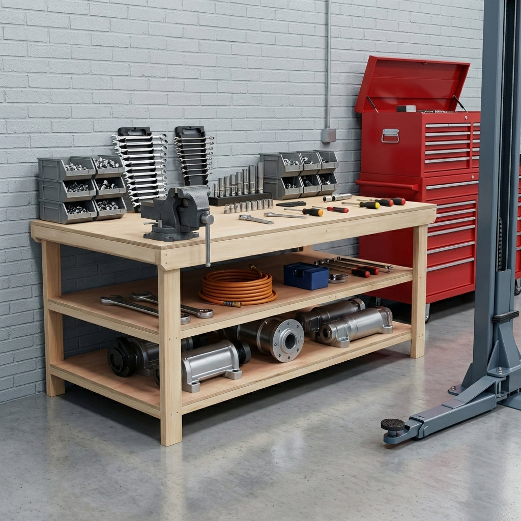 Wooden Workbench Eucalyptus Hardwood Top Depth-4ft with Double Shelf