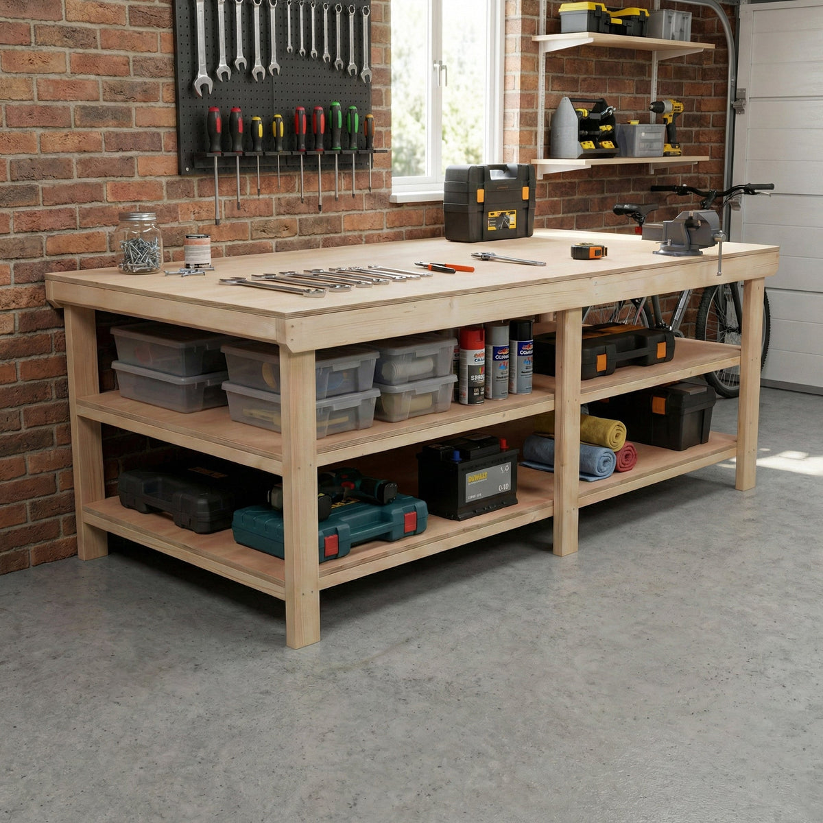 Wooden Workbench Eucalyptus Hardwood Top Depth-4ft with Double Shelf