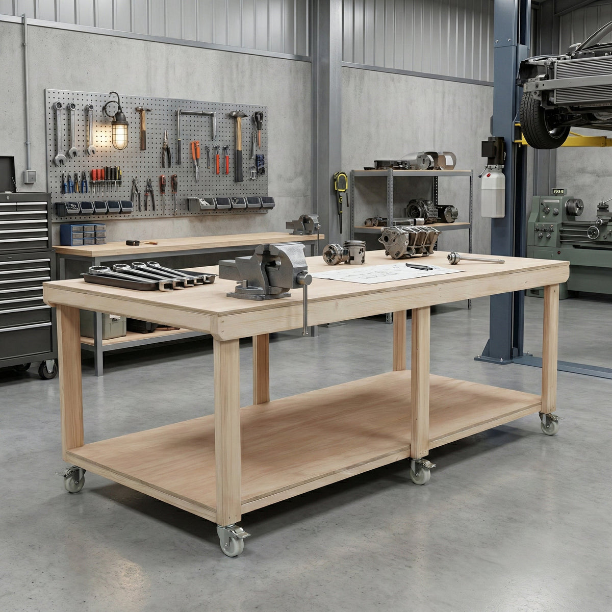 Wooden Workbench Eucalyptus Hardwood Top Depth-4ft with Wheels