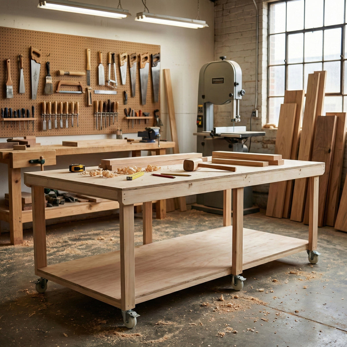 Wooden Workbench Eucalyptus Hardwood Top Depth-4ft with Wheels
